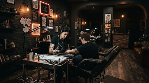Fotografía del interior y sesión de tatuaje en Studio Y&M Tattoo en Resistencia Chaco