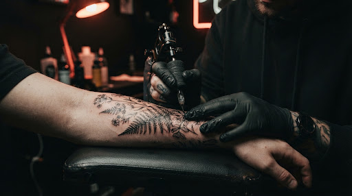Detalle de precisión en tatuaje botánico fine line sobre antebrazo en Studio Y&M Tattoo